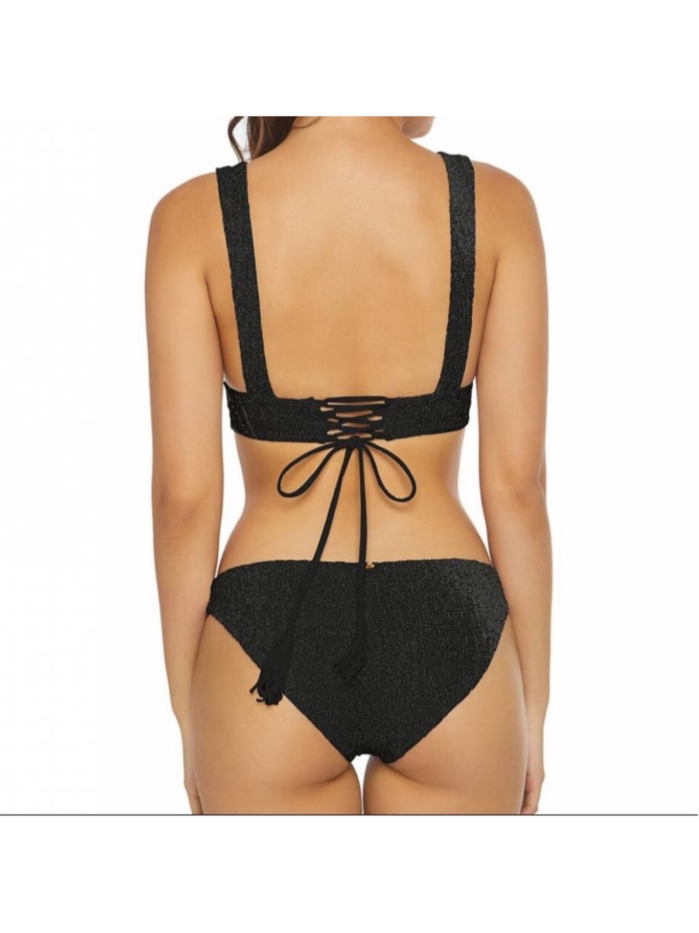 Pilyq Twilight Bikini Halter L Ruched Full Bottom M Black Shimmer Metallic